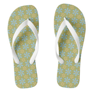 Retro Abstract Blue and Yellow Flowers on Green Flip Flops