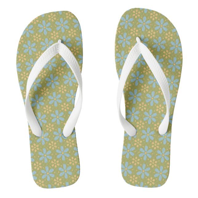 Retro Abstract Blue and Yellow Flowers on Green Flip Flops (Footbed)