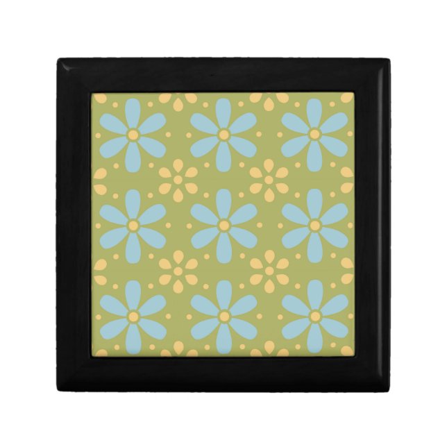 Retro Abstract Blue and Yellow Flowers on Green Gift Box (Front)
