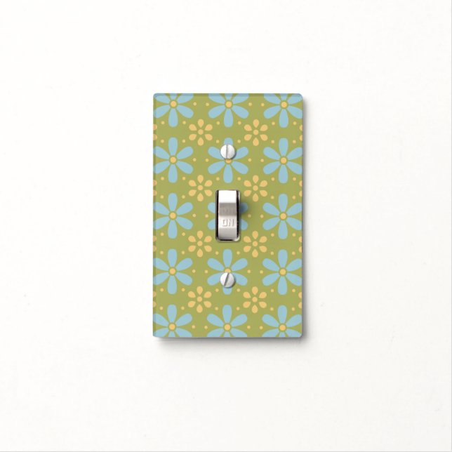 Retro Abstract Blue and Yellow Flowers on Green Light Switch Cover (In Situ)