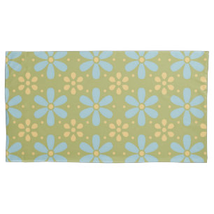 Retro Abstract Blue and Yellow Flowers on Green Pillow Case