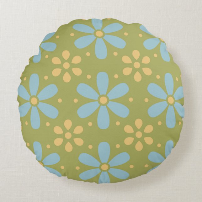 Retro Abstract Blue and Yellow Flowers on Green Round Pillow (Front)