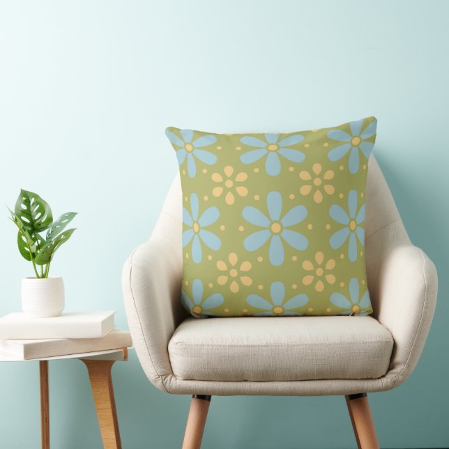 Retro Abstract Blue and Yellow Flowers on Green Throw Pillow (Chair)
