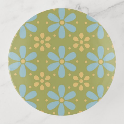 Retro Abstract Blue and Yellow Flowers on Green Trinket Tray