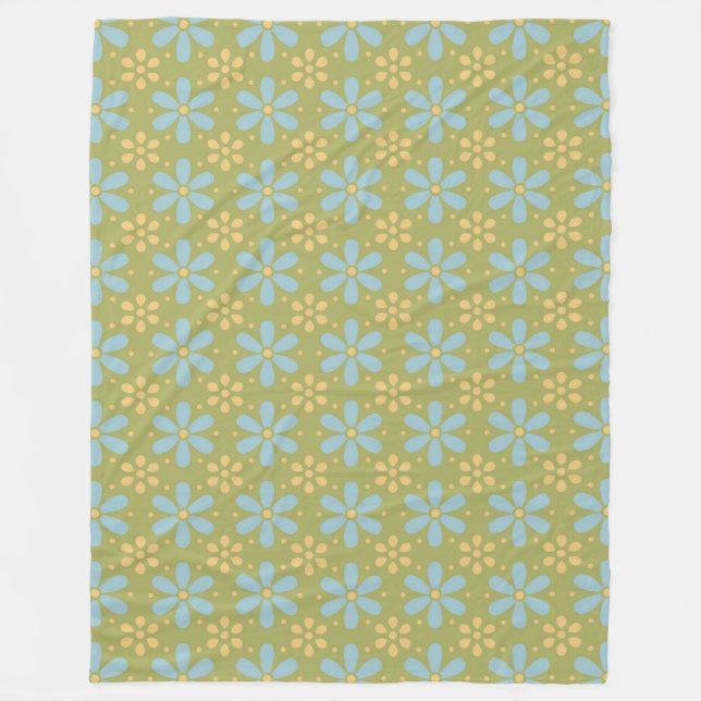 Retro Abstract Blue and Yellow Flowers Pattern Fleece Blanket (Front)