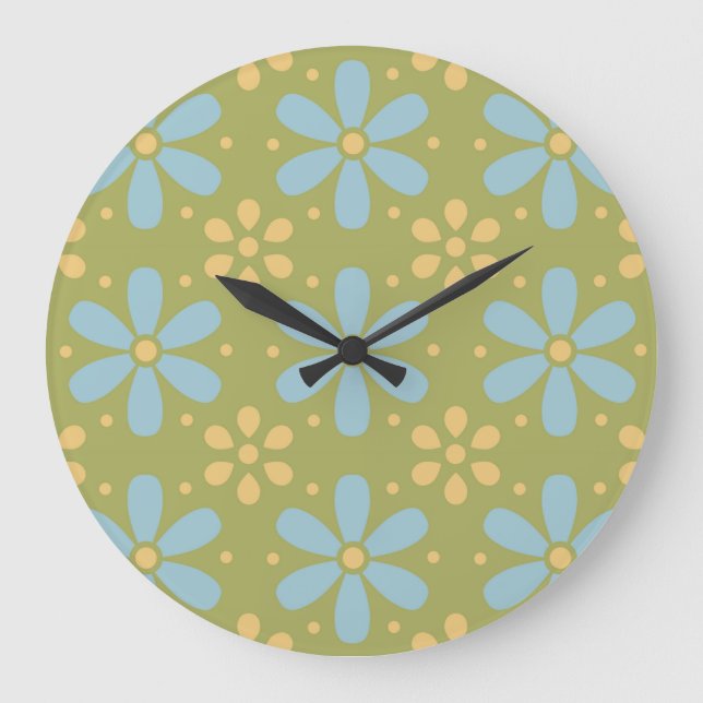 Retro Abstract Blue and Yellow Flowers Pattern Large Clock (Front)