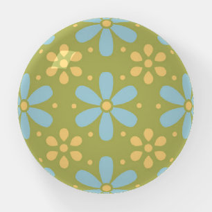 Retro Abstract Blue and Yellow Flowers Pattern Paperweight
