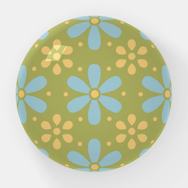 Retro Abstract Blue and Yellow Flowers Pattern Paperweight (Front)