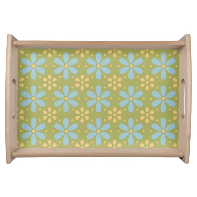 Retro Abstract Blue and Yellow Flowers Pattern Serving Tray (Front)