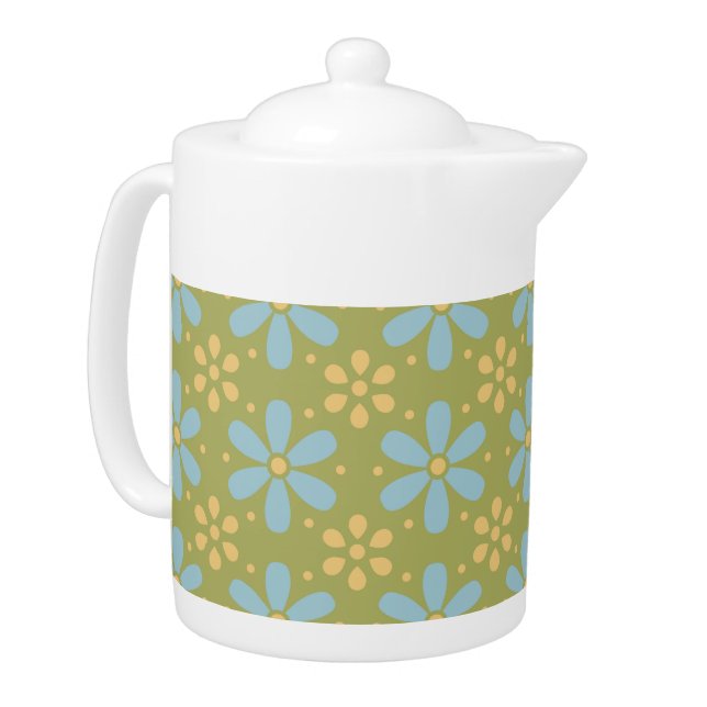 Retro Abstract Blue and Yellow Flowers Pattern Teapot (Left)
