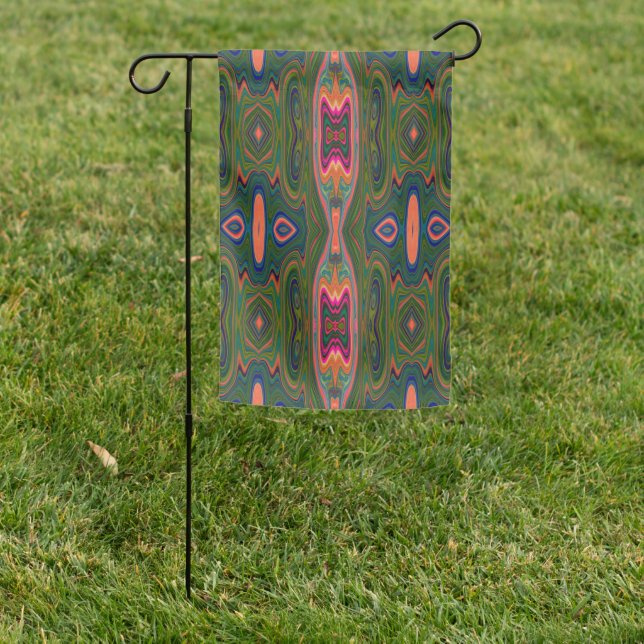Retro Abstract Blue, Green and Orange Pattern Garden Flag (In SItu)