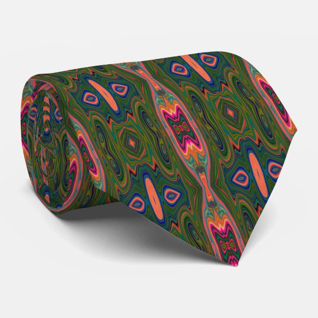 Retro Abstract Blue, Green and Orange Pattern Neck Tie (Rolled)