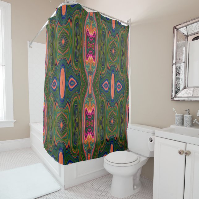 Retro Abstract Blue, Green and Orange Pattern Shower Curtain (In Situ)