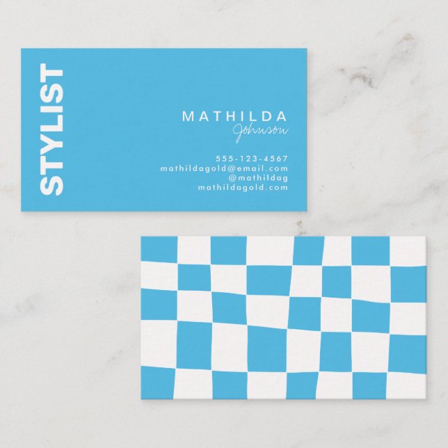 Retro Abstract Blue White Checkerboard Artsy Business Card (Front/Back)