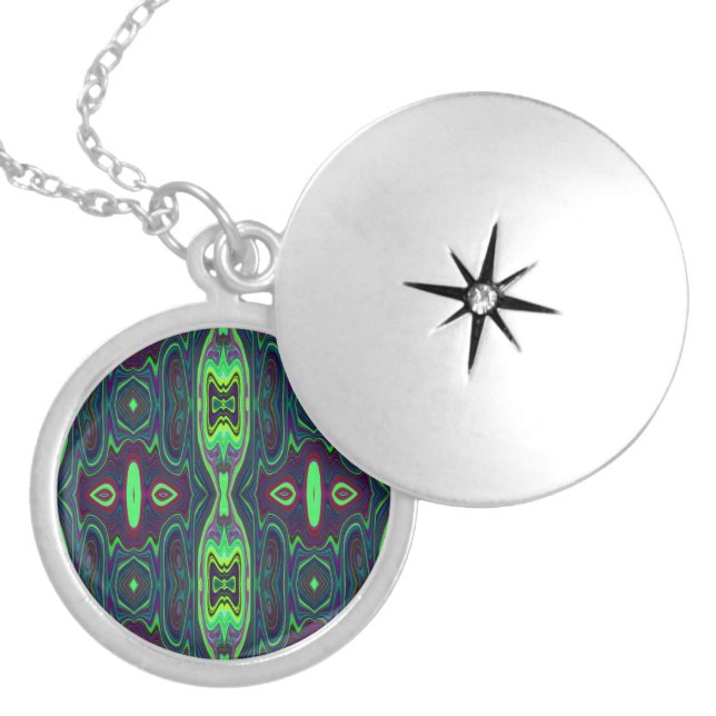 Retro Abstract Chartreuse, Red and Blue Pattern Locket Necklace (Front)