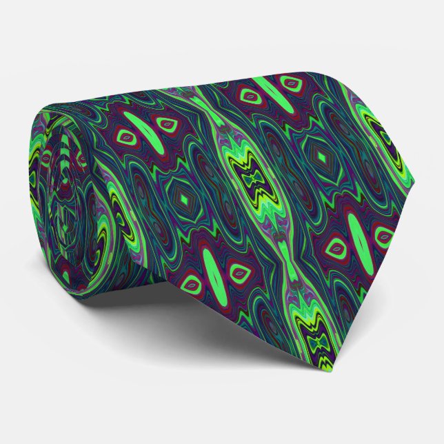Retro Abstract Chartreuse, Red and Blue Pattern Neck Tie (Rolled)