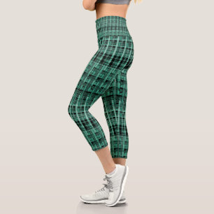 Retro abstract checkered plaid pattern green black capri leggings
