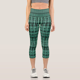 Retro abstract checkered plaid pattern green black capri leggings