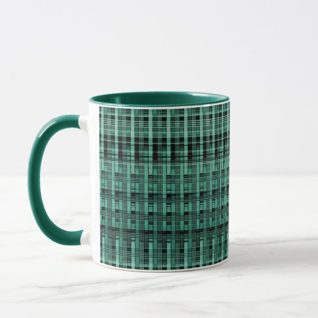 Retro abstract checkered plaid pattern green black mug (Left)