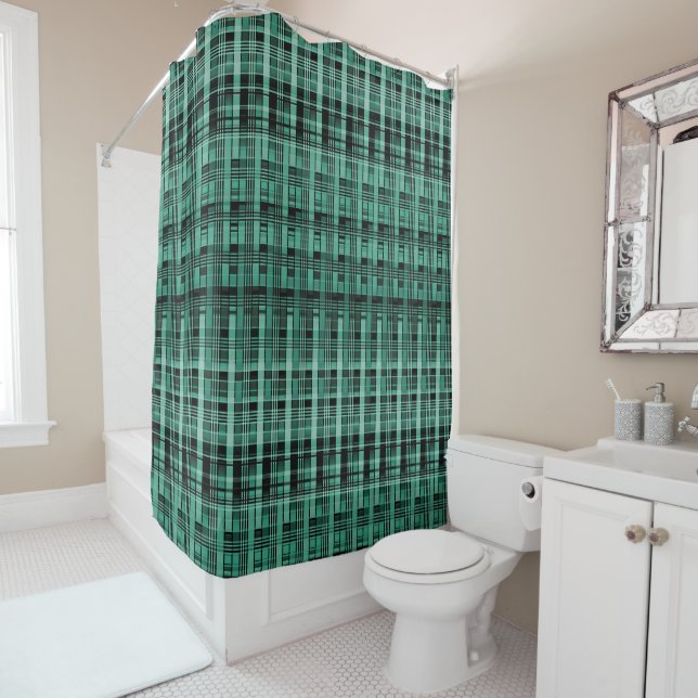 Retro abstract checkered plaid pattern green black shower curtain (In Situ)