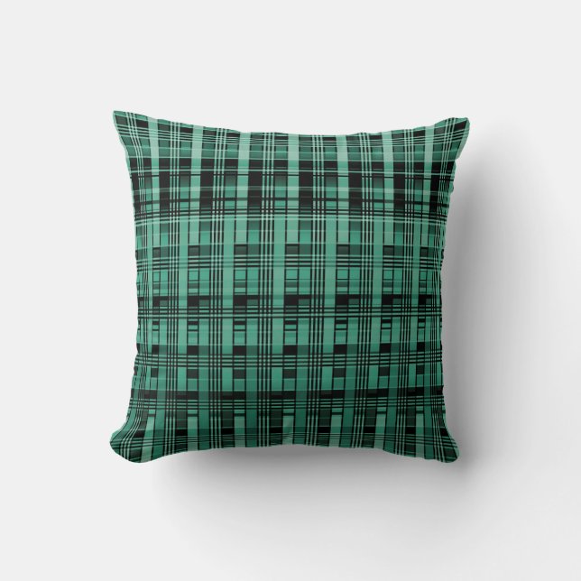Retro abstract checkered plaid pattern green black throw pillow (Front)
