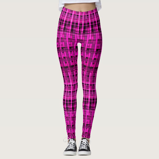 Retro abstract checkered plaid pattern pink black leggings (Front)
