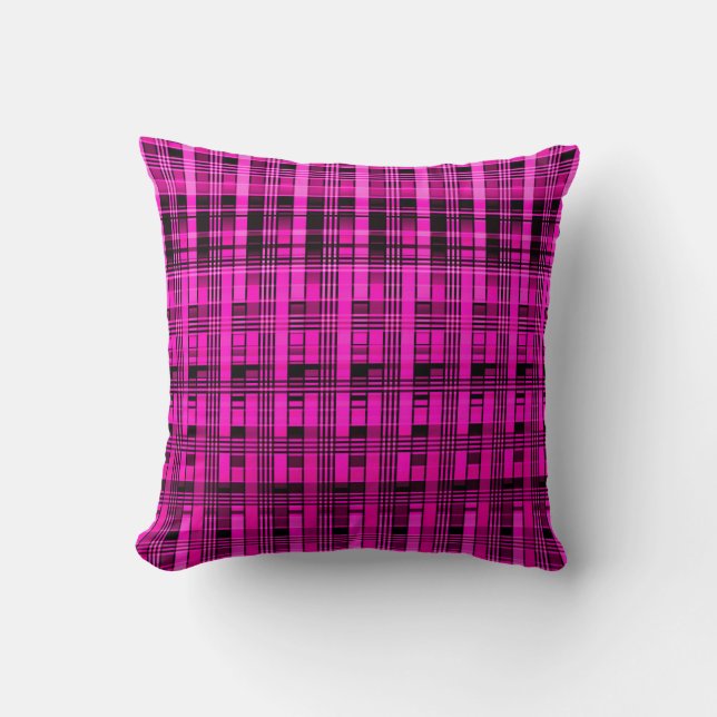 Retro abstract checkered plaid pattern pink black throw pillow (Front)