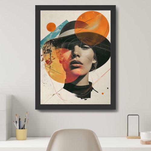 Retro abstract collage geometric woman with hat framed art