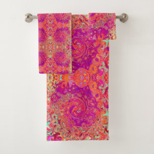 Retro Abstract Coral and Purple Marble Swirl Bath Towel Set