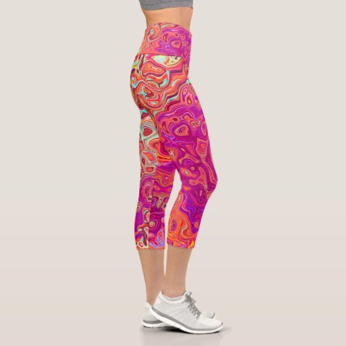 Retro Abstract Coral and Purple Marble Swirl Capri Leggings