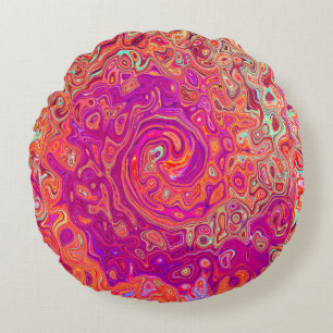 Retro Abstract Coral and Purple Marble Swirl Round Pillow