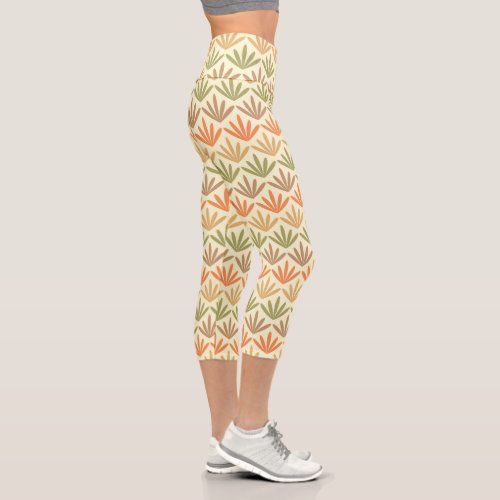 Retro Abstract Floral Pattern in Orange  Olive Capri Leggings