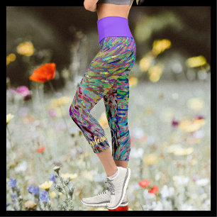 Retro Abstract Floral Purple Yellow Blue Name Capri Leggings