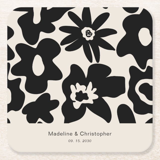 Retro Abstract Floral Wedding Square Paper Coaster (Front)