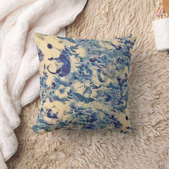 Retro Abstract Flowers Butterfly Artwork Garden Throw Pillow (Blanket)