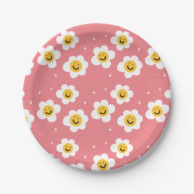 Retro Abstract Funky 60s Emoji Daisy Pattern Paper Plates (Front)