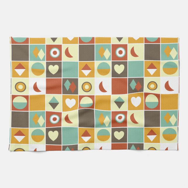 Retro Abstract Geometric Pattern Brown Yellow Red Kitchen Towel (Horizontal)