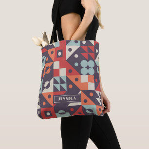 Retro Abstract Geometric Pattern Personalized Name Tote Bag
