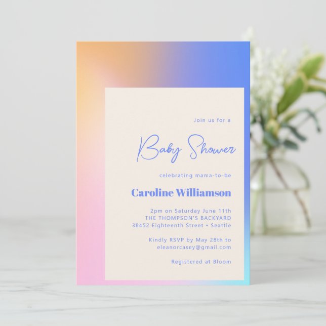 Retro Abstract Gradient Purple Pink Baby Shower Invitation (Standing Front)