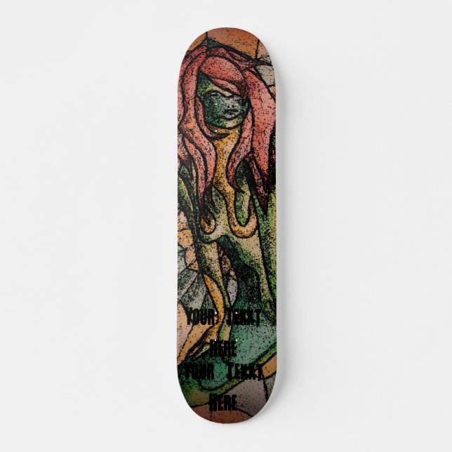 retro abstract green lady street art style skateboard deck (Front)