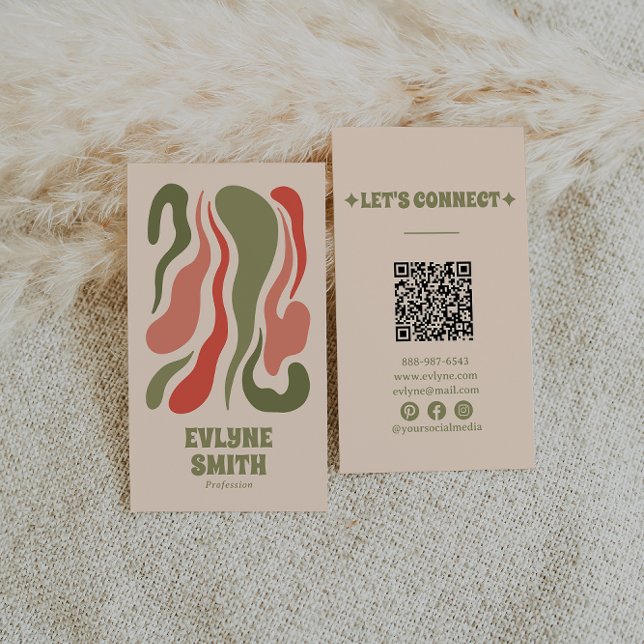 Retro Abstract Green Red QR Code Groovy Funky Boho Business Card (Creator Uploaded)