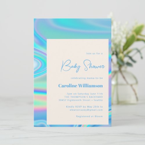 Retro Abstract Iridescent Blue Unique Baby Shower Invitation