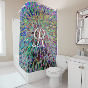 Retro Abstract Macro Floral with White Monogram Shower Curtain