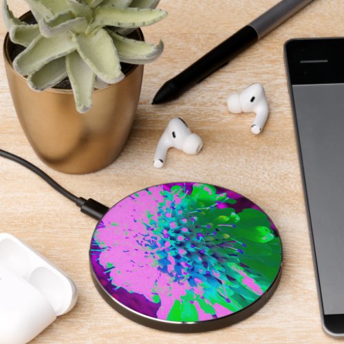 Retro Abstract Magenta and Lime Green Flower Wireless Charger