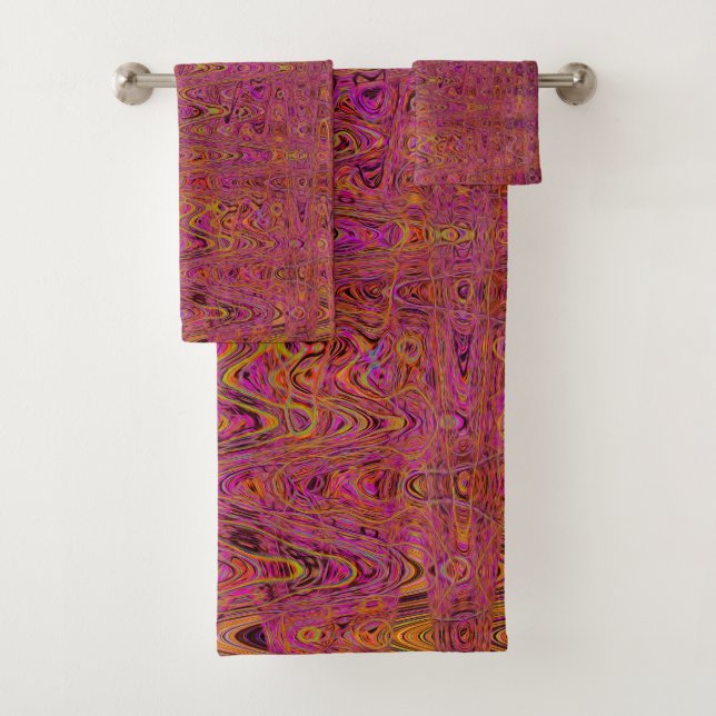 Retro Abstract Magenta and Orange Squiggly Lines Bath Towel Set (Insitu)