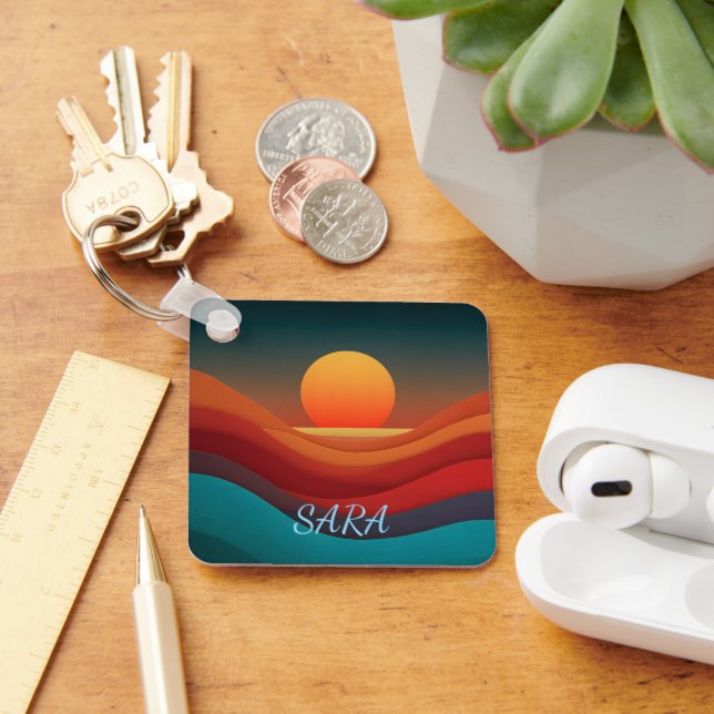 Retro Abstract Minimalist Sunset Wave Keychain  (Desk)