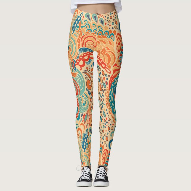 Retro Abstract Ocean Waves Pattern in Warm and Coo Leggings (Front)