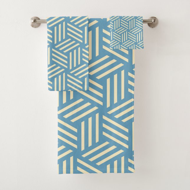 Retro Abstract Optical Illusion Cubes Pattern Blue Bath Towel Set (Insitu)