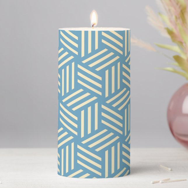 Retro Abstract Optical Illusion Cubes Pattern Blue Pillar Candle (In Situ)