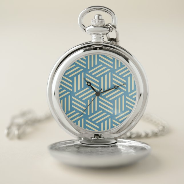 Retro Abstract Optical Illusion Cubes Pattern Blue Pocket Watch (Inside)